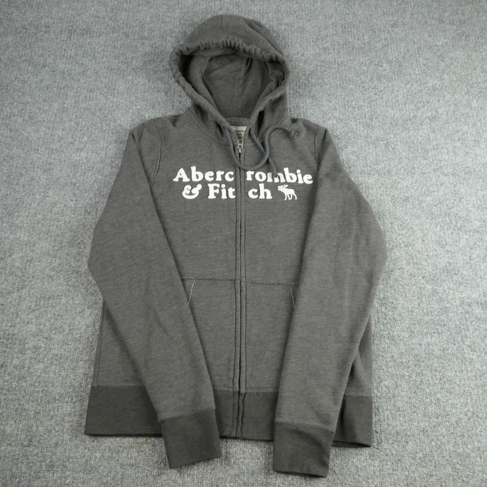 Vintage Y2K Abercrombie & Fitch Spellout Zip Up Hoodie Medium Grey Felt Applique